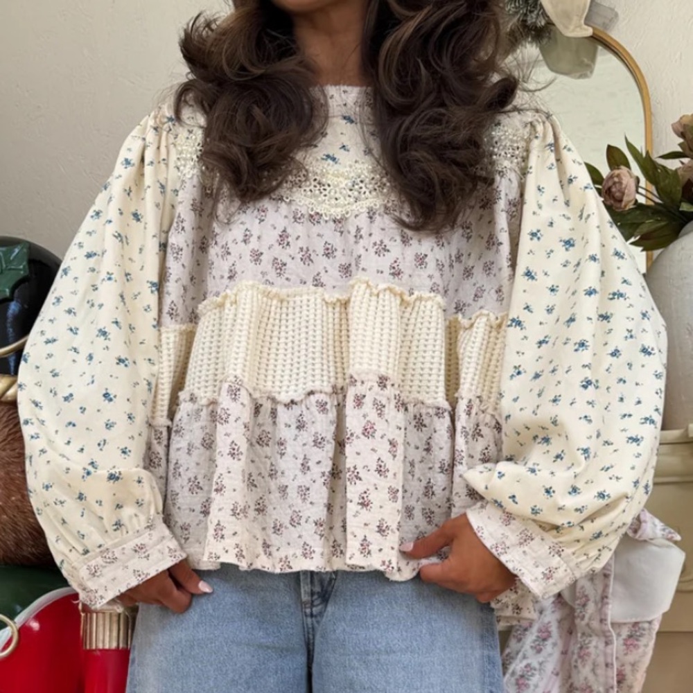 Floral Patchwork Balloon Sleeve Top